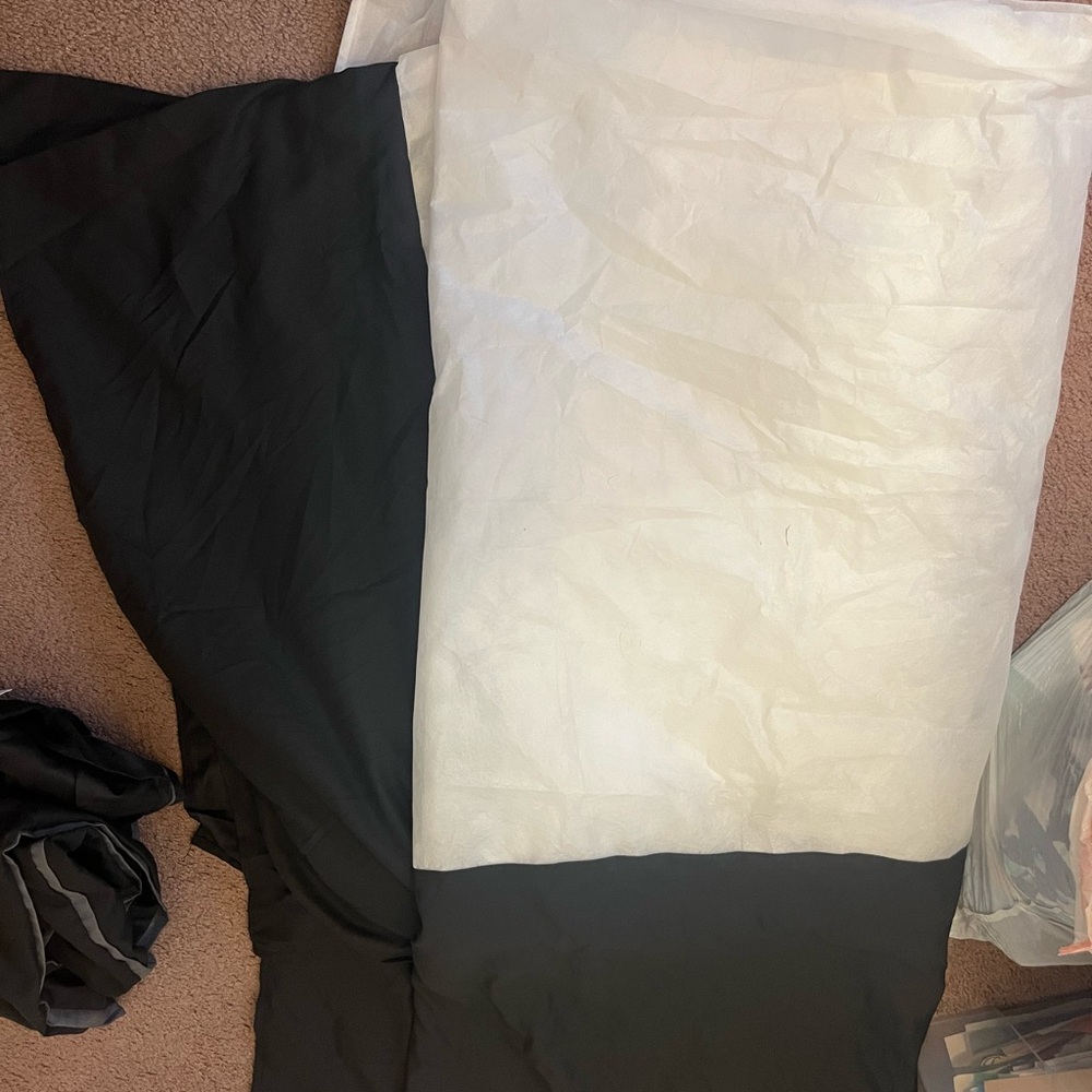 Black bed skirt & two black pillow cases with gray trim full size bed